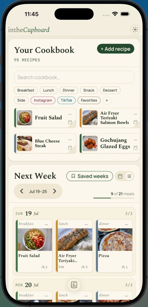 intheCupboard cookbook with dozens of recipes, search, and meal-type filters