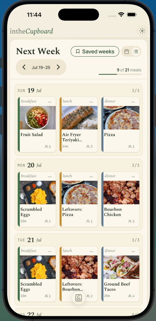 intheCupboard weekly meal planner filled with breakfast, lunch, and dinner cards