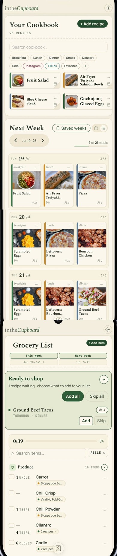 intheCupboard app screens: cookbook, meal planner, and grocery list